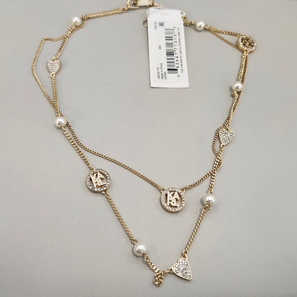 NWT Karl Lagerfeld Gold-Tone Pavé Heart, Logo & Imitation Pearl Layered Necklace - Picture 3 of 3